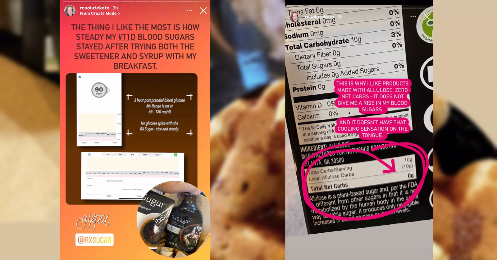 Resolute Keto Loving Her RxSugar Sugar Stick Pack In Her Coffee & RxSugar Chocolate Drizzle On her Low Carb Ice Cream