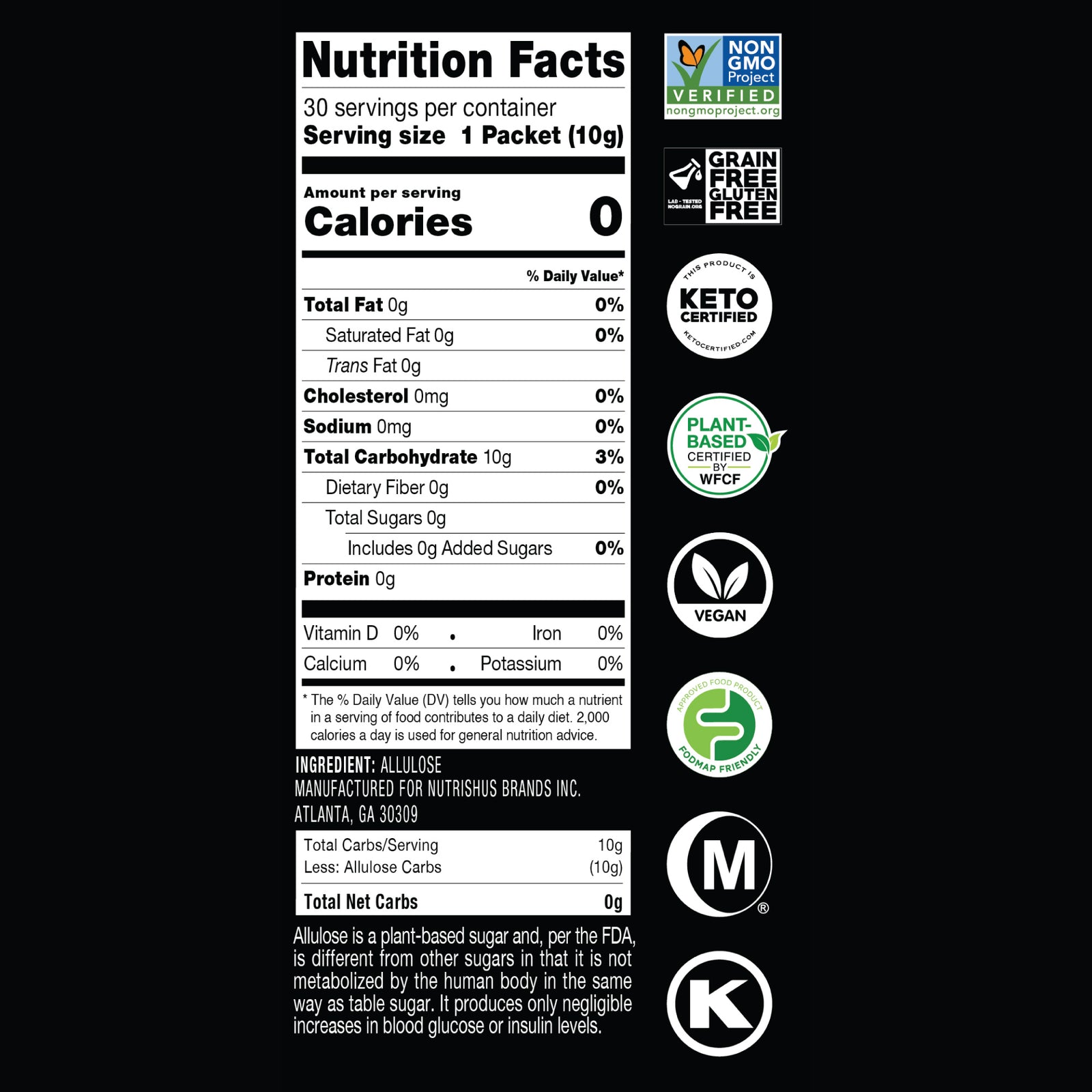 Nutrition facts panel for RxSugar Sticks 10g