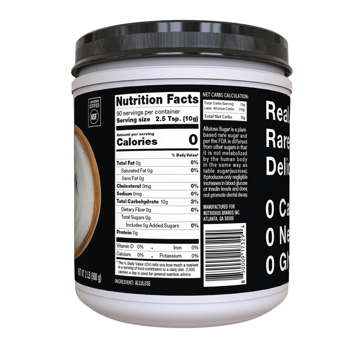 RxSugar Allulose Sugar 2 Pound Canister Side 2 of Package